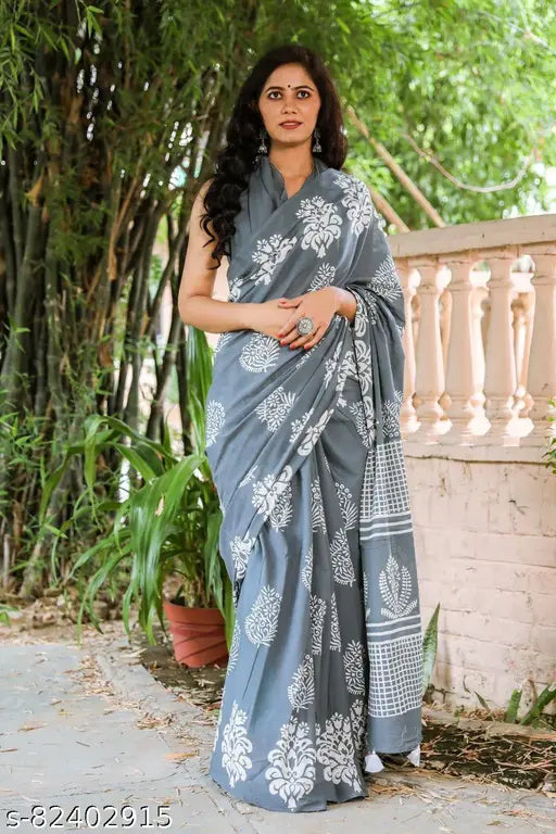 Jaipuri Printed Soft Cotton Mulmul Saree With Attached Blouse Piece for Woman