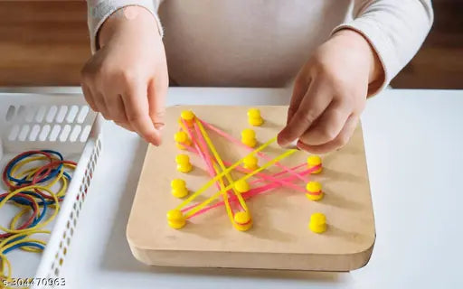 Wooden Geo Board Peg Puzzle Kids Wooden Toy with Rubber Band, Brain Board Game