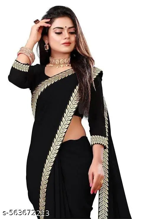 Plain Black Georgette Saree With Georgette Blouse
