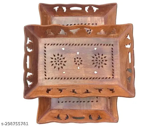 SWH: Wooden 2 Pcs Of Serving Trays / Trays / Decorative Trays (15x10) & (13x9)