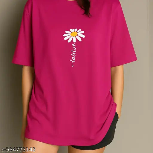 Women Printed Round Neck Cotton Blend Pink T-Shirt