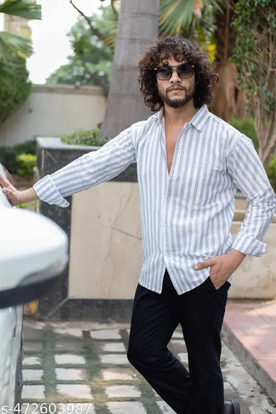 CHIRAG TEXTILES Men's Horizontal Stripes Regular Grey Shirts