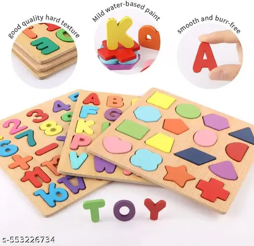 Wooden Alphabet Puzzles Numbers Count Board Blocks 3 Sets Game, Colorful ABC Lower Letters/Numbers/Shapes for Kids Toddlers Preschool Early Learning Educational Toys (Set of 3)
