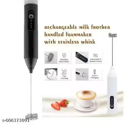 Rechargeable Milk Frother for Coffee - 3-Speed Electric Coffee Frother with Stainless Steel Whisk, Handheld Coffee Beater, USB Rechargeable Frother with Double Whisk