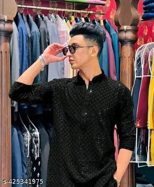 Floral Embroidered Cotton Mens Kurta
