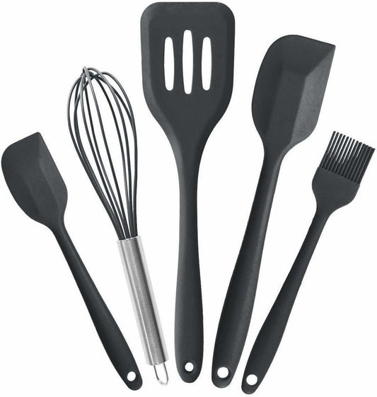 Spatula Utensil 5pcs Black Premium Silicone Kitchen Utensils Set of 5 Black Kitchen Tool Set (Black)
