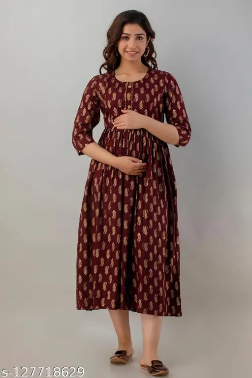 Women Printed Rayon Maroon Maternity And Feeding Kurta