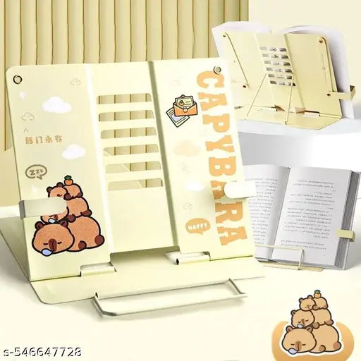 Frostyfire Metal Book Stand Folding Reading Stand Anti-Slip Adjustable Desktop Bookend Cookbook Rest Book Holder(Random Print Design)-Yellow