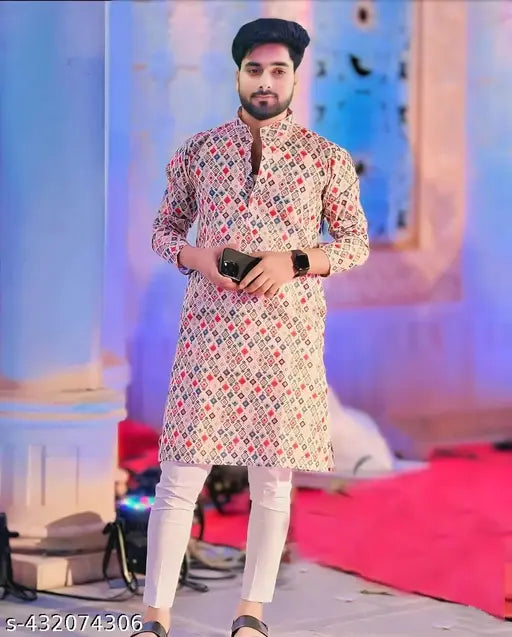 Ethnic Elegance Men's Printed Cotton Kurta Pajama Set – Festive & Casual Wear