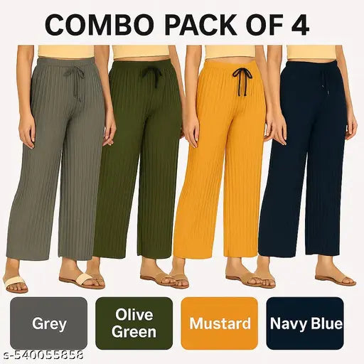 Trendy Women's Plazzo Combo - Grey, Mustard, Olive, Navy Blue (Pack of 4)