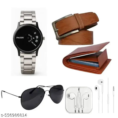 buy trendy mens and boys brown belt and get silver analaog watch , album two fold brown wallet , wired handfree and blackj dabaang sunglasses free