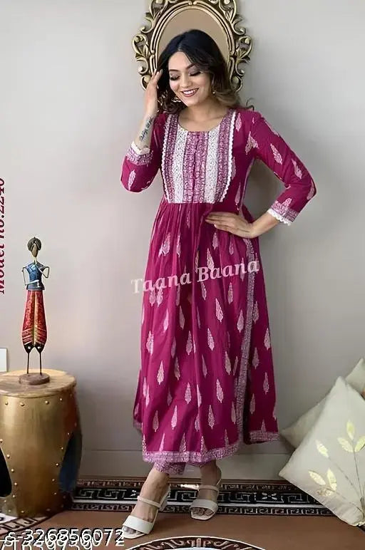 ROZY FABRICS Womens Printed Rayon Dailywear A-line Embroider Naira Kurta with Pants Set | Kurta Dress for Women | Naira urta for Women | Naira Kurta and Pant Set for Women | Women Kurta