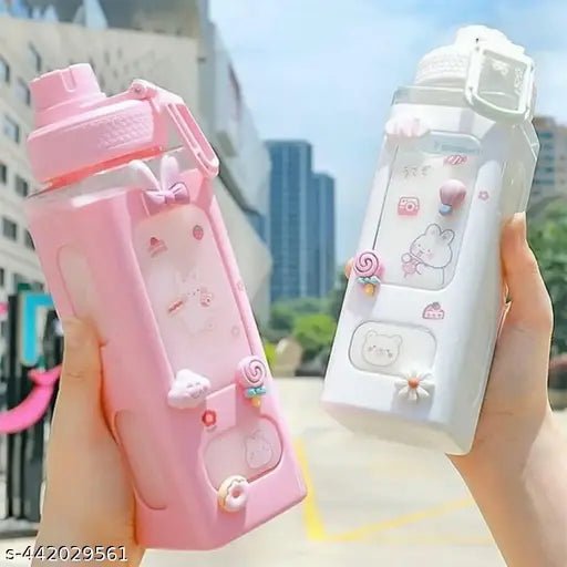 SARJAK Kawaii Water Bottle With Straw & Sticker,Kawaii Bear Water Bottle,Large Sport Plastic Portable Square Drinking Bottle For Girl Tea Water Cups-(Kawaii Water Bottle -700Ml)-Multicolor