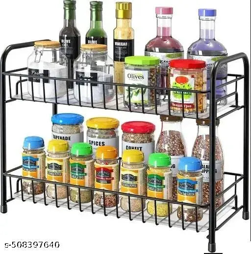 SVS Multi Pourpose Kitchen Spice Rack 2-Tier Foldable Stand for Kitchen Cabinet Bathroom Makeup Living Room Pantry Office, Matte Black Spice Rack Organizer for Countertop