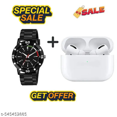 Airpod Pro True Wireless Bluetooth Earphones with 10 Hours of Playtime with Stylist Watch Free & Compatible for all Smartphones (White)