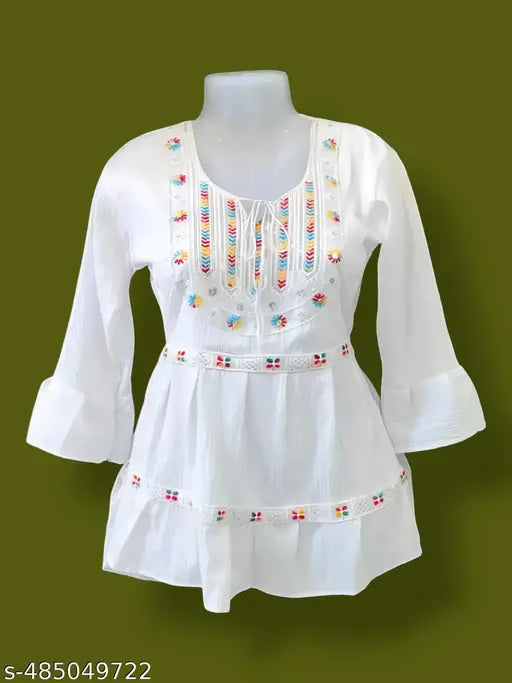 Top | White Cotton & Bell Sleeves Top For Woman's and Girls | Round Neck Top For Women| White Top | Woman's Plain top | Casual Top | Summer Wear top | Long Sleeve White Top | Bell Sleeves Top | White colour top for women party wear |