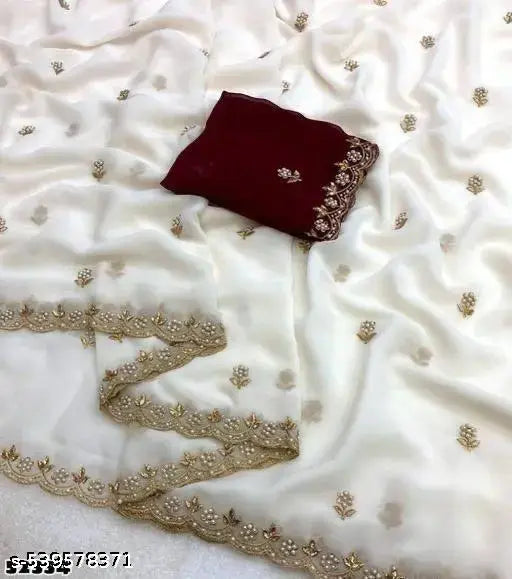 LATEST TRAND FOR TRANDY WOMEN CRUNCHY FABRICS OFWHITE COLOUR SAREE WITH EMBROIDERY WORK WITH FULL HAND WORK CRUNCY PURPLE BLOUSE BY kraddle