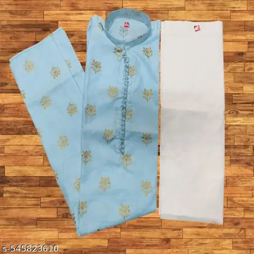 New fancy neck design gold printed sky blue kurta with white pajama for mens