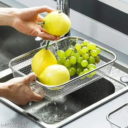 Drain Basket Steel Big Drip Tray Kitchen Drying Stand Mesh Sink Rectangle Basket Mesh Fruits, Vegetable, Drainer Washer (30x20x6 cm)