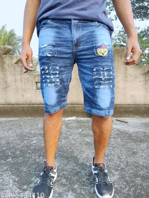Stylish Denim Shorts For Men Stretchable Scratch Chinos For Boys 4 Pocket Mid Rise Half Jeans For Boys