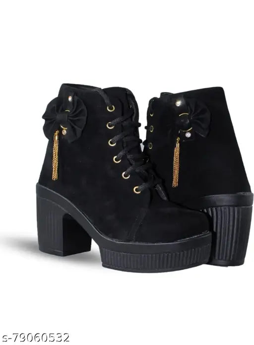 Readyway New Stylish Girl’s High Heel Comfortable and Fashionable Out Door Boot Shoe's For Length Light Weight Lace Up Casual Boot For Women/Girls Boots For Women (Black)