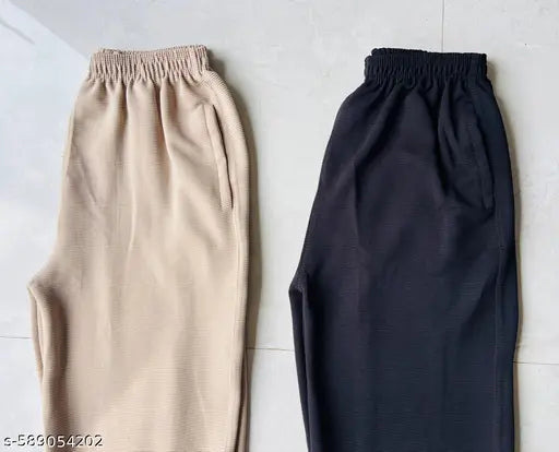 (COMBO OF 2) HEAVY FU`LL LENGTH RIBBED KNIT TEXTURE FEBRIC PALAZZO PANTS CREAM AND BLACK