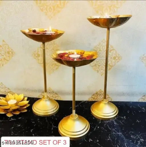 Taj Stand Set of 3|Taj Urli StandGold Taj Stand Set|Urli Candle Stand Set of 3 Festival Decor Urli Show Piece for Floating Flowers Diya - 3 Pieces (Size- 14 inch, 12 inch, 10 inch)