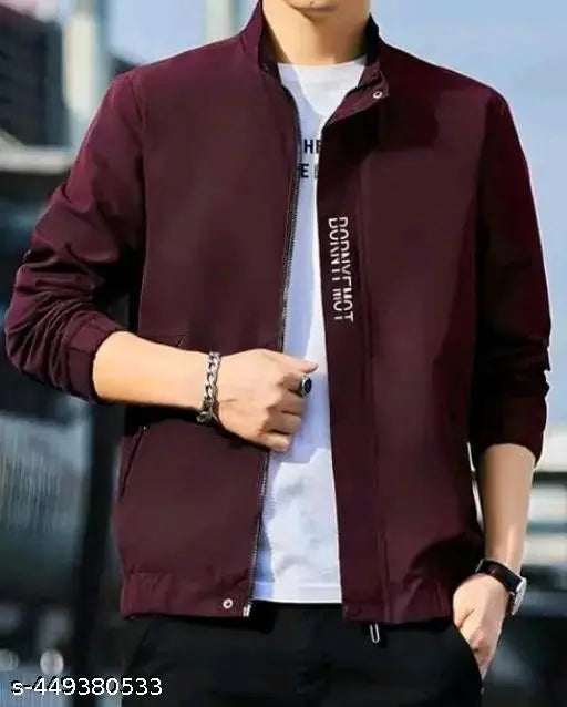KOMAL ENTERPRISEZ. Men solid windcheater sporty jacket, has a stand collar, 2 pockets in side and 1pocket in iner side ,has a zip closure, long sleeves, straight hemline.feel comfy look and give amazing look with thi stylish windcheater