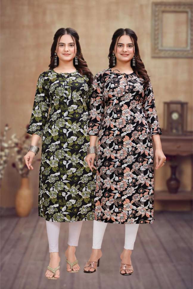 Mehendi & Peach Tone Floral Print Women's Kurta (Multicolor)