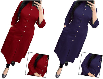 Rich Maroon & Blue Solid Women's Kurta