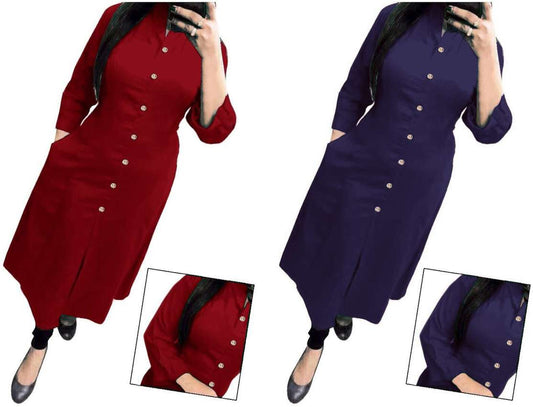 Rich Maroon & Blue Solid Women's Kurta