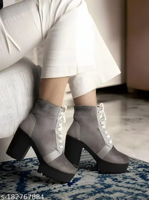 Womens & Girls Grey Stylish Velvet Ankle Boots | Amazing Style Modern Design Heels and Party Wear & Casual Wear