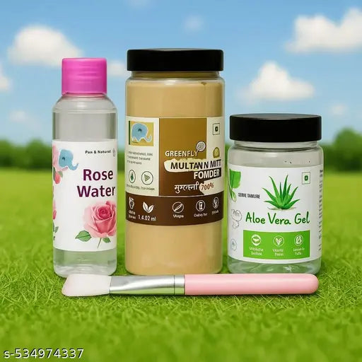 Mitti Powder 100% Natural for Skin (200g), Rose Water (120ml), Brush & Aloe Vera Gel