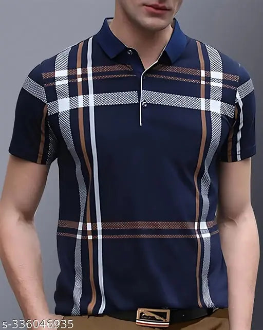 GESPO Men's Checked Polo Navy Blue Tshirts