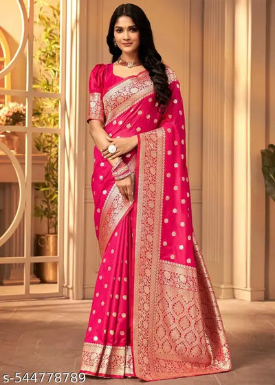 Women's Kanjivaram Soft Banarasi Silk Saree With Blouse Piece Pink