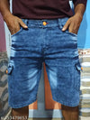 Blue Cargo Shorts Mid-rise Stretchable 6 Pockets Dyed Washed Denim Shorts For Men Button Closure Jeans Half Pant For Boys