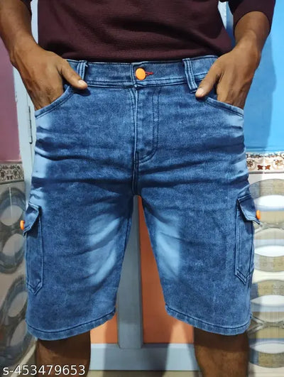 Blue Cargo Shorts Mid-rise Stretchable 6 Pockets Dyed Washed Denim Shorts For Men Button Closure Jeans Half Pant For Boys