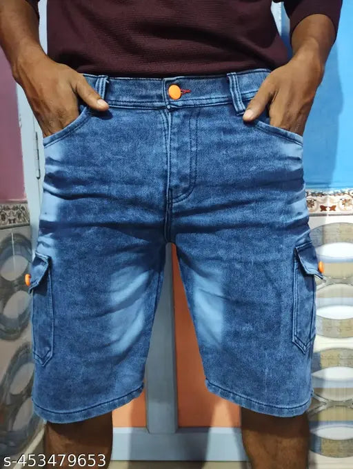 Blue Cargo Shorts Mid-rise Stretchable 6 Pockets Dyed Washed Denim Shorts For Men Button Closure Jeans Half Pant For Boys