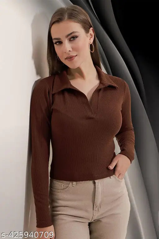 Casual Polyester Blend Ribbed Collar V-Neck & Regular Long Sleeves Stylish Coffee Top (20"Inches)