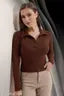 Casual Polyester Blend Ribbed Collar V-Neck & Regular Long Sleeves Stylish Coffee Top (20"Inches)