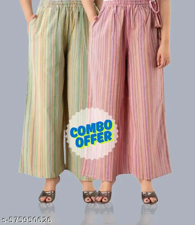 VC South Cotton Striped Western Fit Palazzo / Trouser / Pajama for Women / Girls / Ladies Combo Pack of 2 (Size M to 4XL)- Multi Green & Red