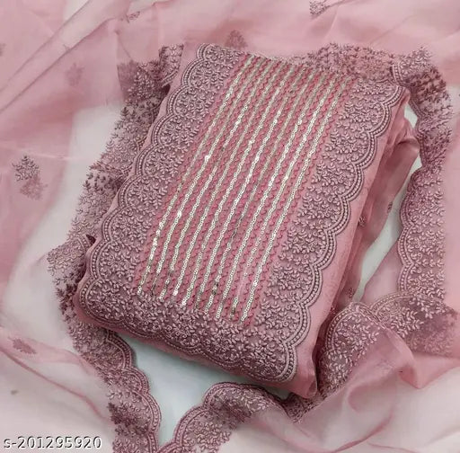 Stylish Organza embroidered Unstitched Suit With Dupatta Set For Women (Pink) || Suit Material || Salwar Suit Fabric || Party Wedding Wear Suit Material || Ethnic Clothing for Girls