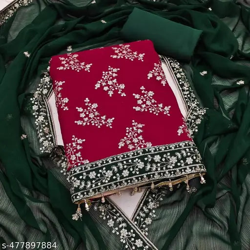 Bliss Flair Maroon Heavy Dusty Chart Embroidered Dress Material With Heavy Neck And Lace (Unstitched)