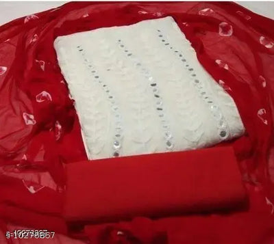 Women's White Geometric Embroidered Cotton Suits & Dress Materials Navratri White Color Fabulous Cotton Women's Dress Material